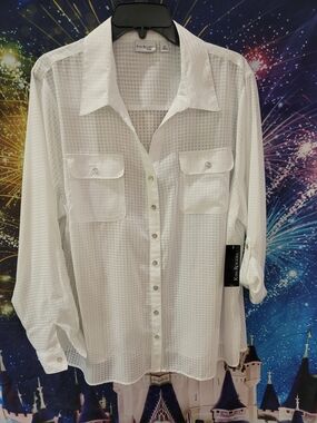 Kim Rogers White Sheer Grid-Texture Button Blouse